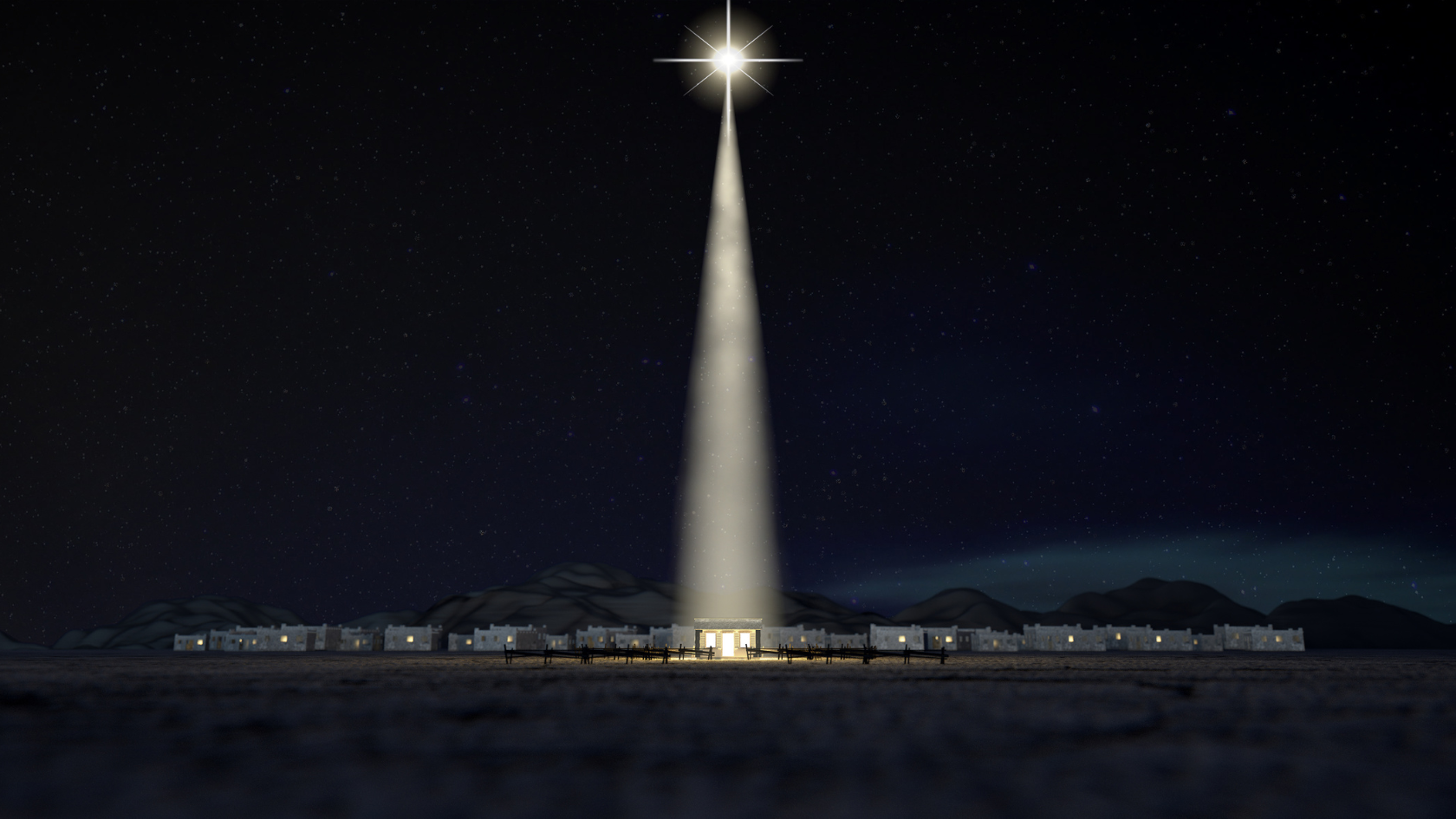 Image of the Star of Bethlehem shining down on the stable where Jesus was born.