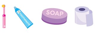Illustration of a toothbrush, tube of toothpaste, bar of soap, and a roll of toilet paper.