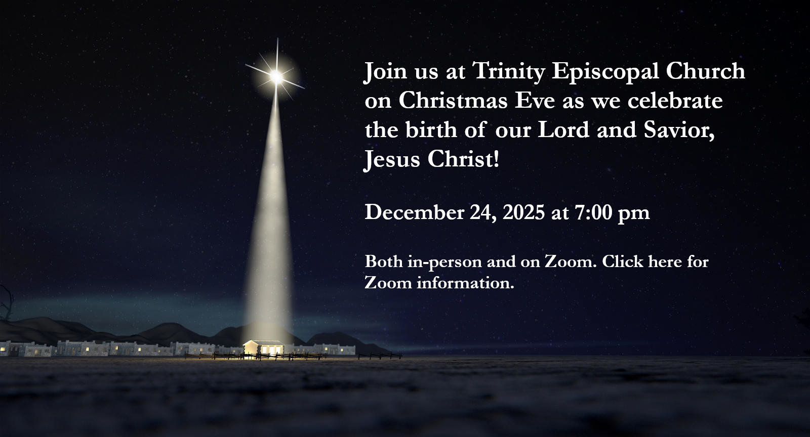 A nativity scene of Christ's birth in Bethlehem with the isolated run down stable being lit by a bright star on a dark blue sky background.